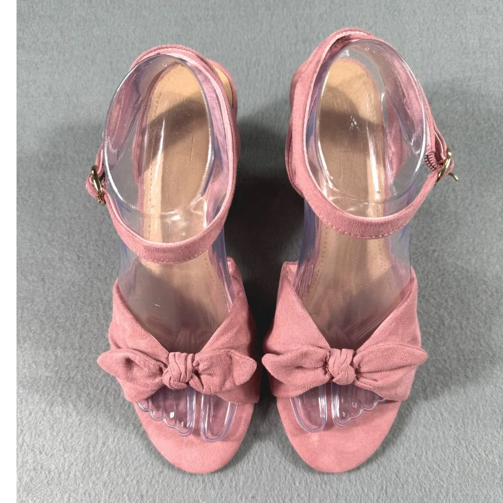 LOFT Blush Pink Suede Bow Wedge Heels‎ Ankle Strap Sandals 9.5 Feminine Wedding